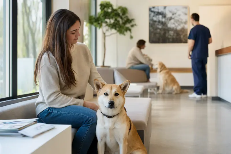Ein Kishu Inu sitzt ruhig neben seinem Besitzer im hellen Wartezimmer einer modernen Tierarztpraxis.